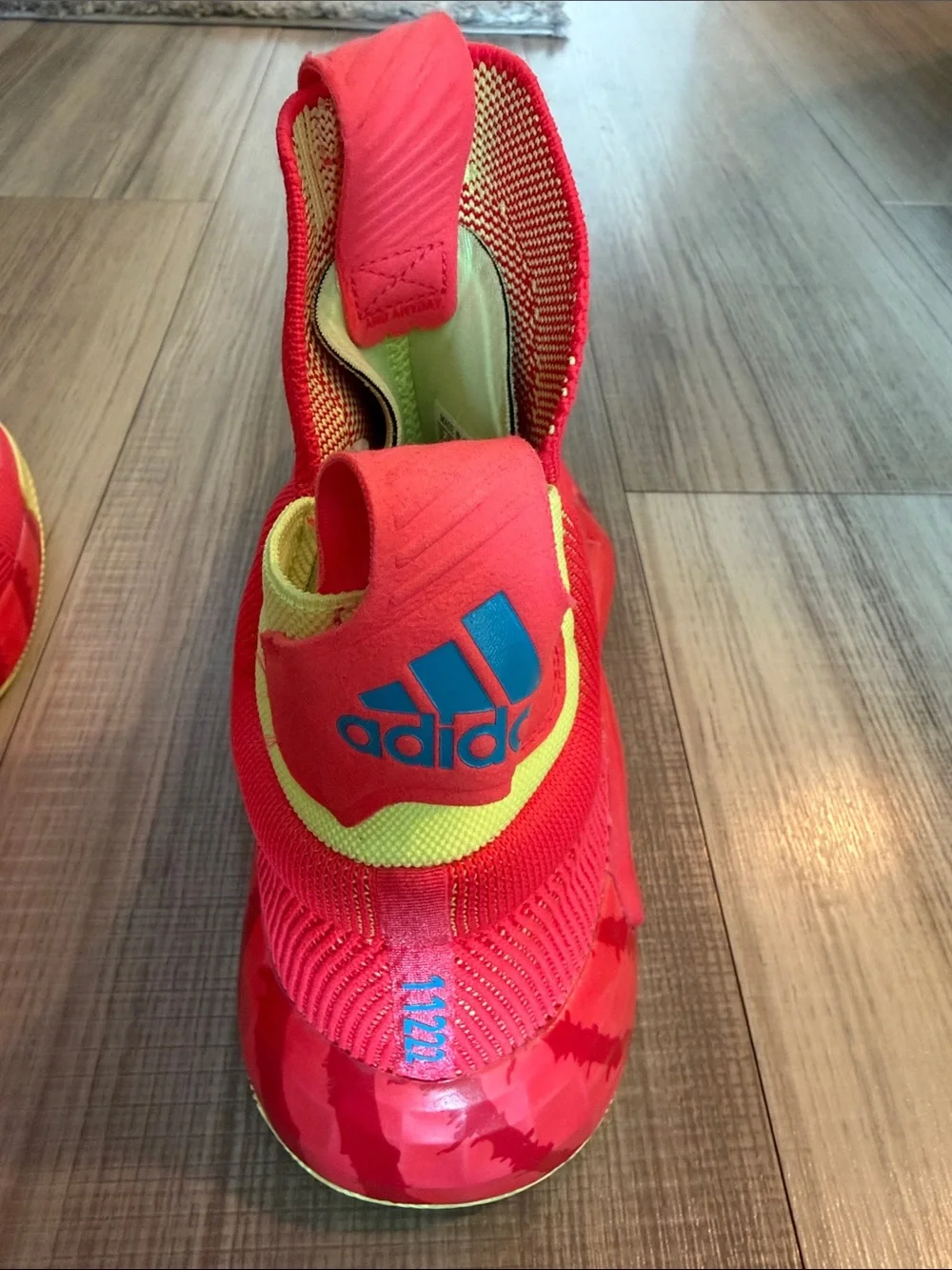 adidas Red Knit Slip-On High-Top Athletic Sneakers with Yellow Accents